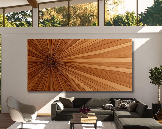 Sunburst Wood Wall Art, Panoramic Sunset Canvas Print, Bedroom Decor