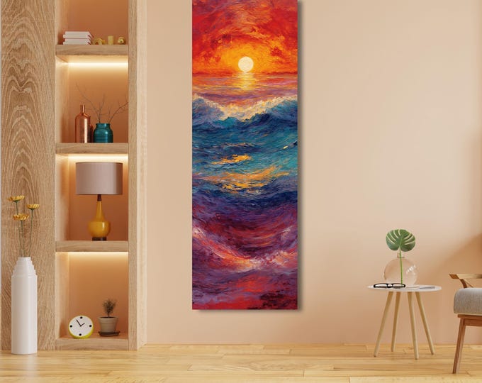 Panoramic Canvas Wall Art: Sunset Ocean Scene - Japanese Mid Century Style