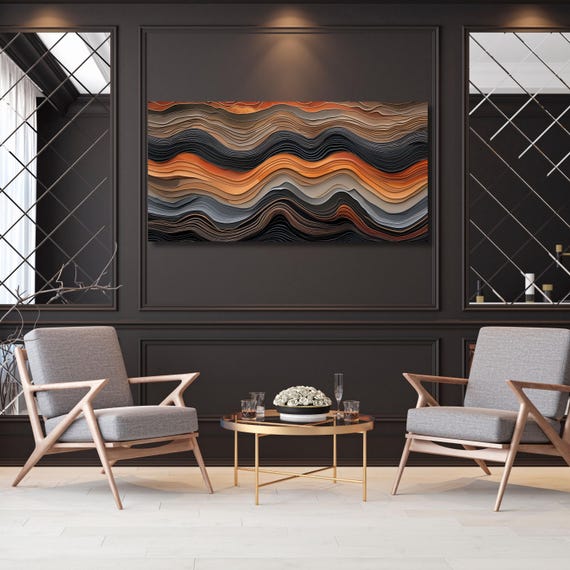 Natural Wood Texture Print Rustic Earthy Large Painting Elegant Modern Wall Decor Housewarming Gift art Abstract Waves Canvas Wall Art Ring