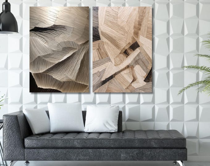 Set of 2 Midcentury Modern Abstract Canvas Paintings: Textured Wall Art for Living Room