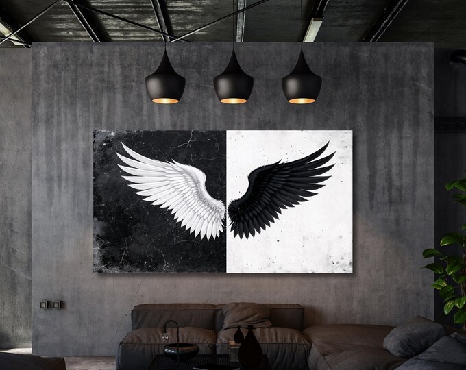 Black White Angel Wings Canvas Art, Minimalist Monochrome Poster Print