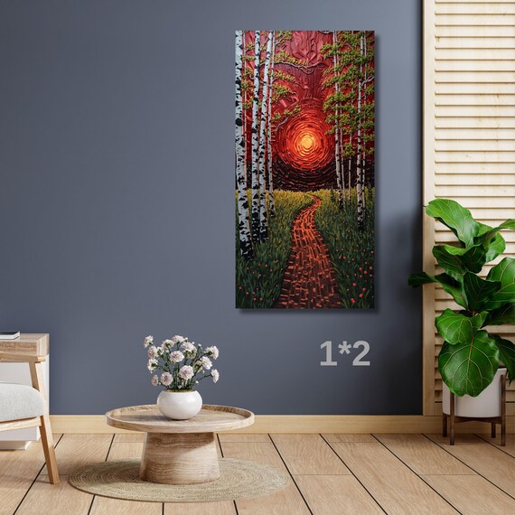 Long Narrow Canvas Wall Art Red Sunset Forest Path Canvas Wall Art – Abstract Nature Landscape Modern Decor