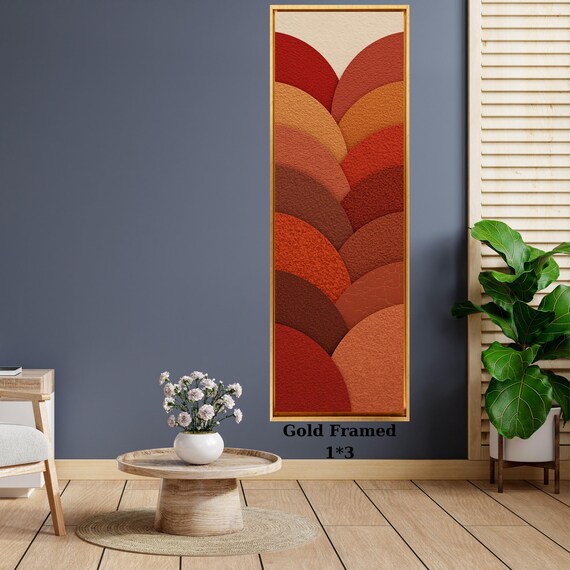 Terracotta Geometric Canvas prints Art, Textured Relief, Gold Framed Mid Century Decor