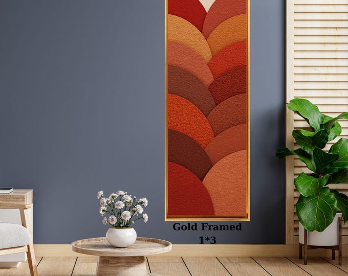 Terracotta Geometric Canvas prints Art, Textured Relief, Gold Framed Mid Century Decor