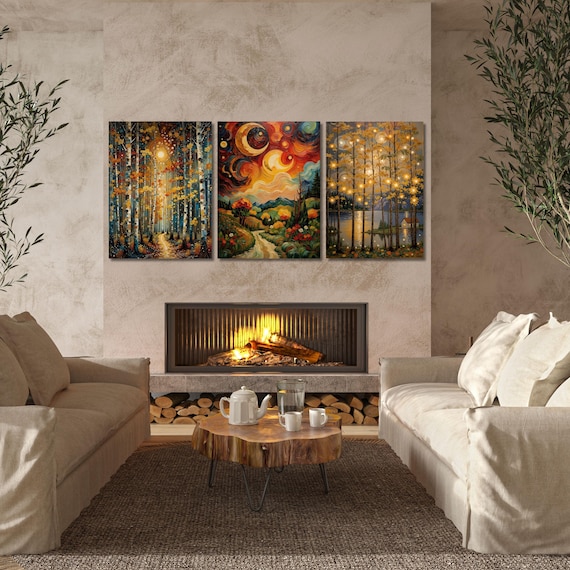 Klimt Style Moon and Star Canvas, Golden Night Sky Wall Art, Set of 3 Dreamy Celestial Prints, Elegant Decorative Art for Living Room Art