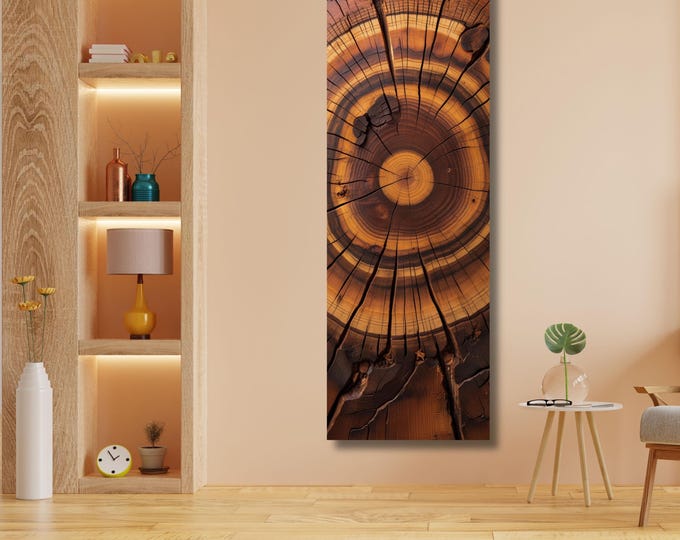 Nature Inspired Tree Rings Canvas, Rustic Wood Texture (Long Narrow)