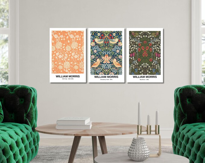 Retro Sage Green and Pink Botanical Prints, Victorian Style 3 Piece Wall Art, William Morris Exhibition Poster Set, Elegant Nature Canvas