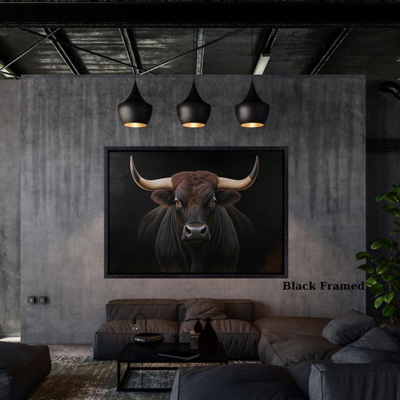 Majestic Bull Canvas Wall Art, Powerful Horned Bull Illustration, Dark Animal Art Print, Rustic Modern Decor, Ready to Hang Artwork canvas