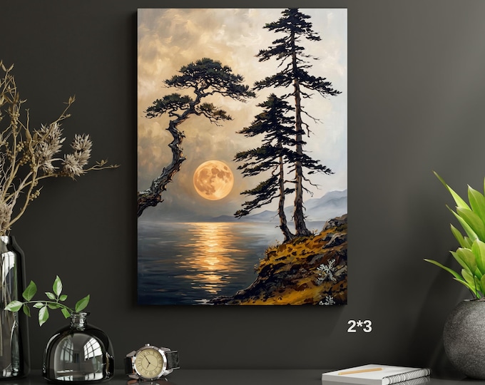 Mystic Full Moon Landscape Canvas Print, Golden Reflection Nature Poster