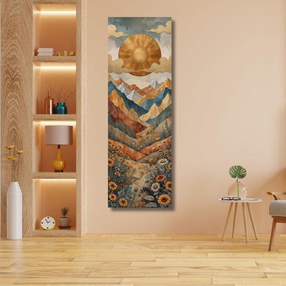 Long Panoramic Sun Landscape Canvas Wall Art, Framed Canvas Japanese Style Mid Century Exhibition Japandi Print,  Large Modern Living Room
