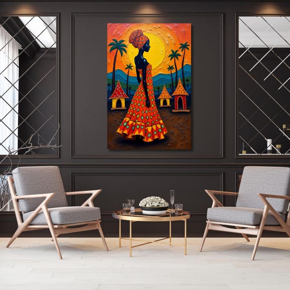 Panoramic Traditional African Village Scene Canvas Wall Art Cultural Canvas Wall Art Unique Gift Home Decor Ethnic Afrocentric Wall Art gift