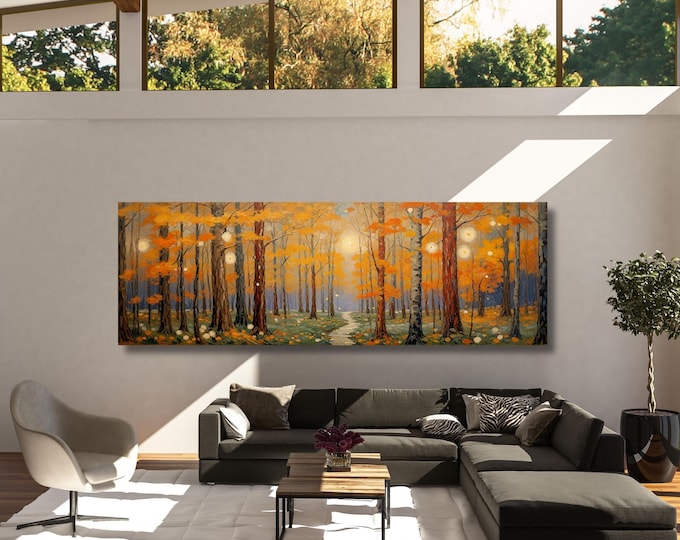 Panoramic Gustav Klimt Birch Forest Print,Gustav Klimt Inspired Art Decor, Gustav Klimt Forest Art Poster, Flower Market Art Tree Canvas art