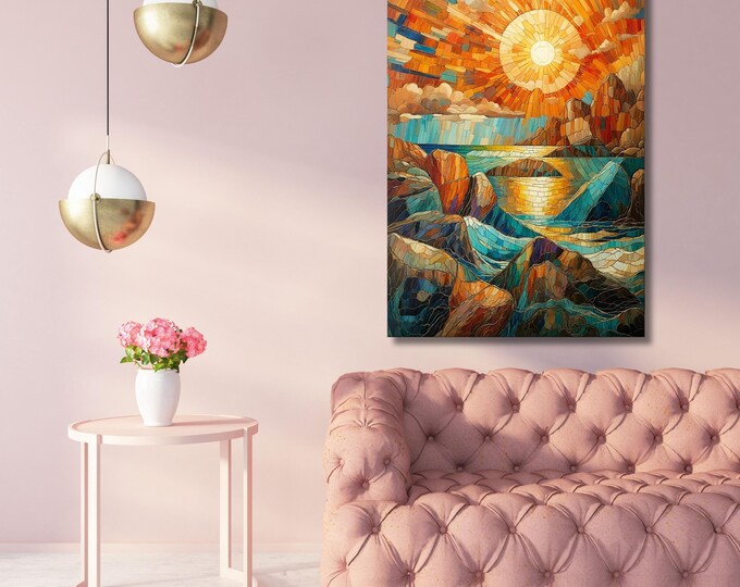 Vibrant Sunrise Mosaic Canvas Wall Art, Panoramic Sunset Landscape Print