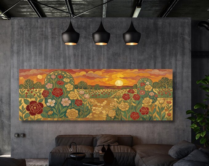Art Nouveau Floral Garden Sunset Panoramic Canvas Print, Klimt Style Landscape Wall Art