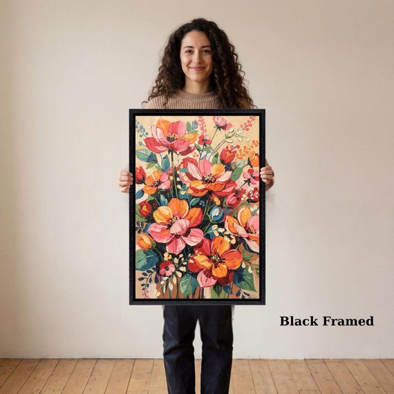 Vibrant Pink Floral Canvas Art, Impasto Style Abstract Bouquet, Colorful Modern Flower Wall Decor