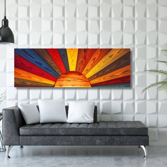 Sunrise Wood Look Canvas Wall Art Rustic Sun Print for Bedroom or Office Above Bed Decor Long Sunlight Wall Hanging Nature-Inspired Gift