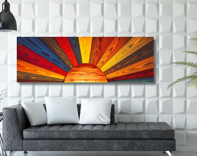 Sunrise Wood Look Canvas Wall Art Rustic Sun Print for Bedroom or Office Above Bed Decor Long Sunlight Wall Hanging Nature-Inspired Gift