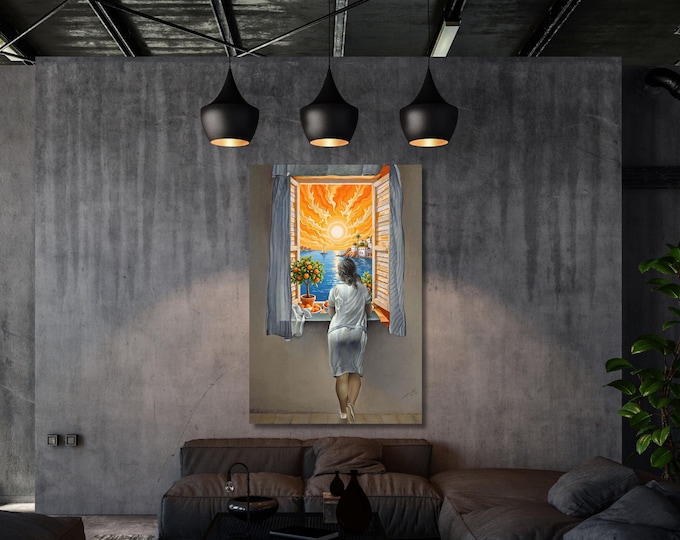 Girl at the Window Canvas Wall Art in Dalí and Matisse Style Surreal Colorful Abstract Print for Modern Artistic Interior or Gallery Wall