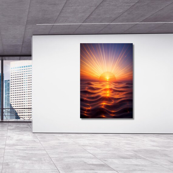 Boho sunset Canvas Wall Art, Burn orange poster, Retro brown wall art, Abstract sun and sea print,Gift for retro girl, Autumn fall decor