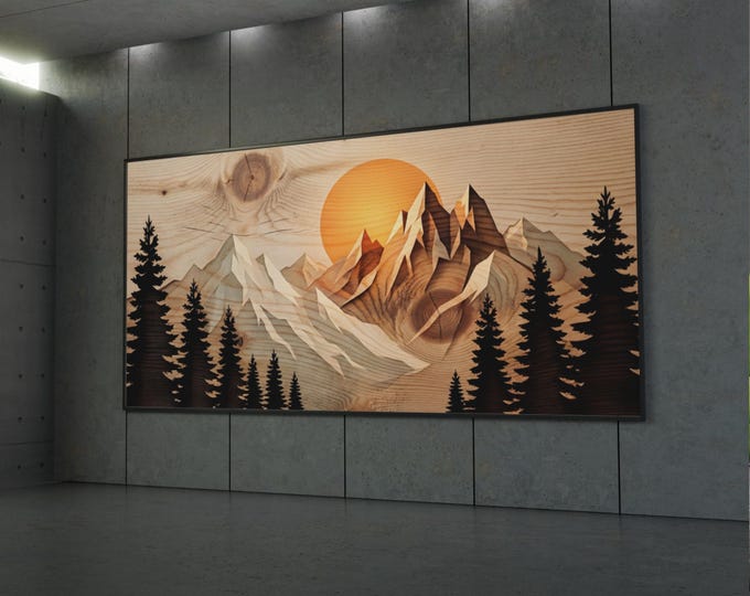 Panoramic Mountain Sunset Canvas Print Art, Rustic long Wood Grain Wall Decor, Large Nature Landscape Print