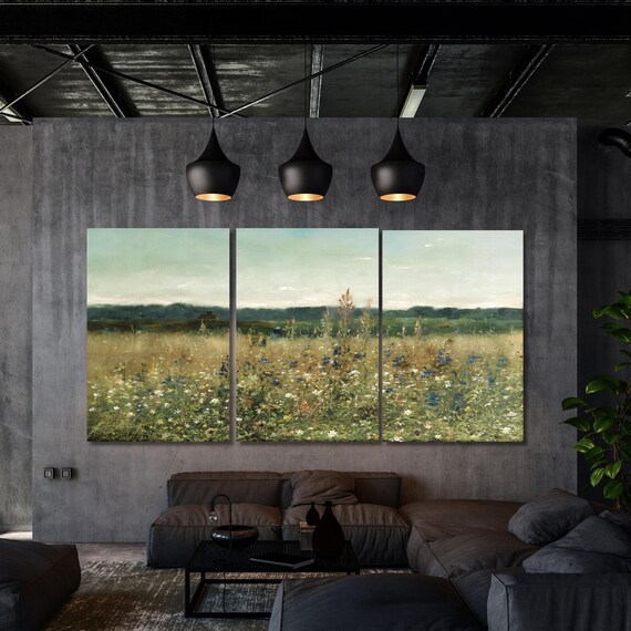 Set of 3 Muted Vintage Wildflowers Field Canvas Wall Art  Wildflowers Painting, Panoramic Rustic Wall Decor for Above the Bed Bedroom gift