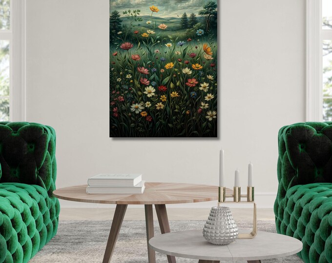 Klimt Style Wildflower Field Canvas Sign, Vintage Botanical Landscape Floral Decor
