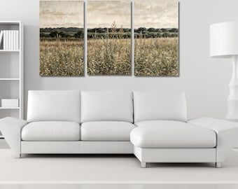 Muted Vintage Wildflowers Field Canvas Triptych Wall Art, Panoramic Rustic Bedroom Decor