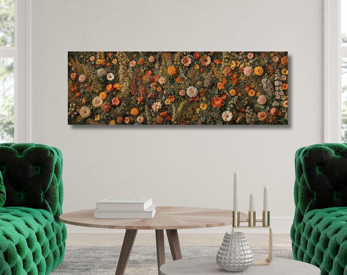 Floral Panorama Canvas Art, Moody Botanical Wildflower Wall Decor, Framed Garden Print