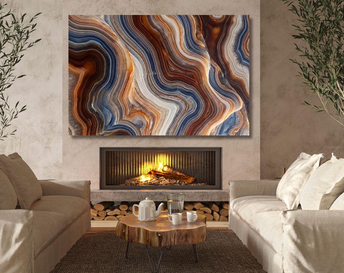 Geological Mineral Stone Canvas Print, Luxury Teal and Caramel Fluid Lines Poster, Sophisticated Living Room Decor, Natural Crystal Art
