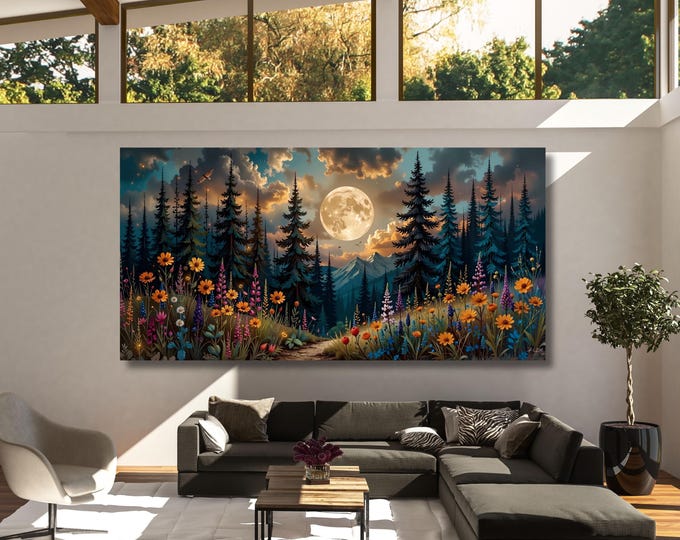 Forest Wildflowers Canvas Wall Art, Moonlit Pine Tree Forest Wall Art, Rustic Forest Painting, Full Moon Wall Art Painting Vintage Forest