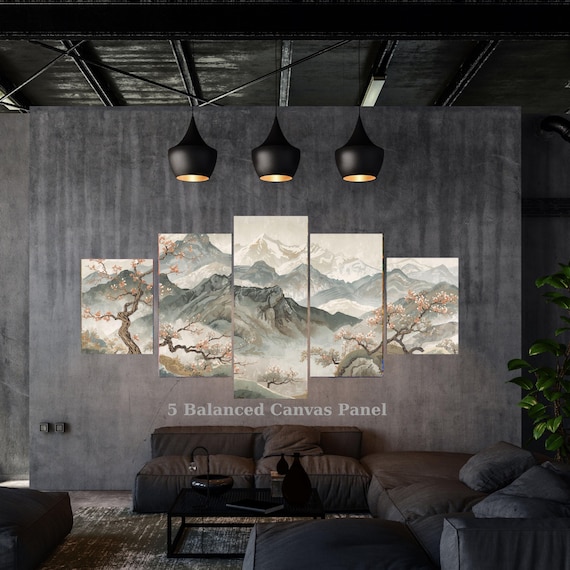 5 Piece Japanese Cherry Blossom Mountain Canvas Set, Zen Mist Landscape Wall Art, Multi Panel Framed Ready to Hang Asian Nature Mural
