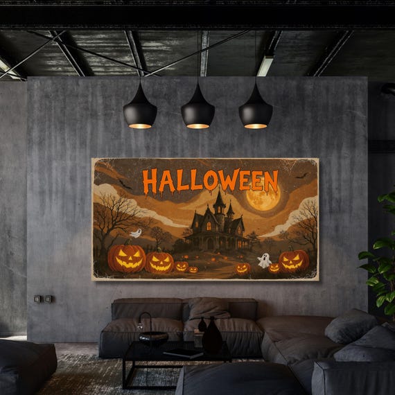 Cute Ghosts Haunted Halloween Canvas Wall Art, Farmhouse Spooky Decor, Pumpkin Holiday Artwork, Rustic Seasonal Wall Art Ready to Hang