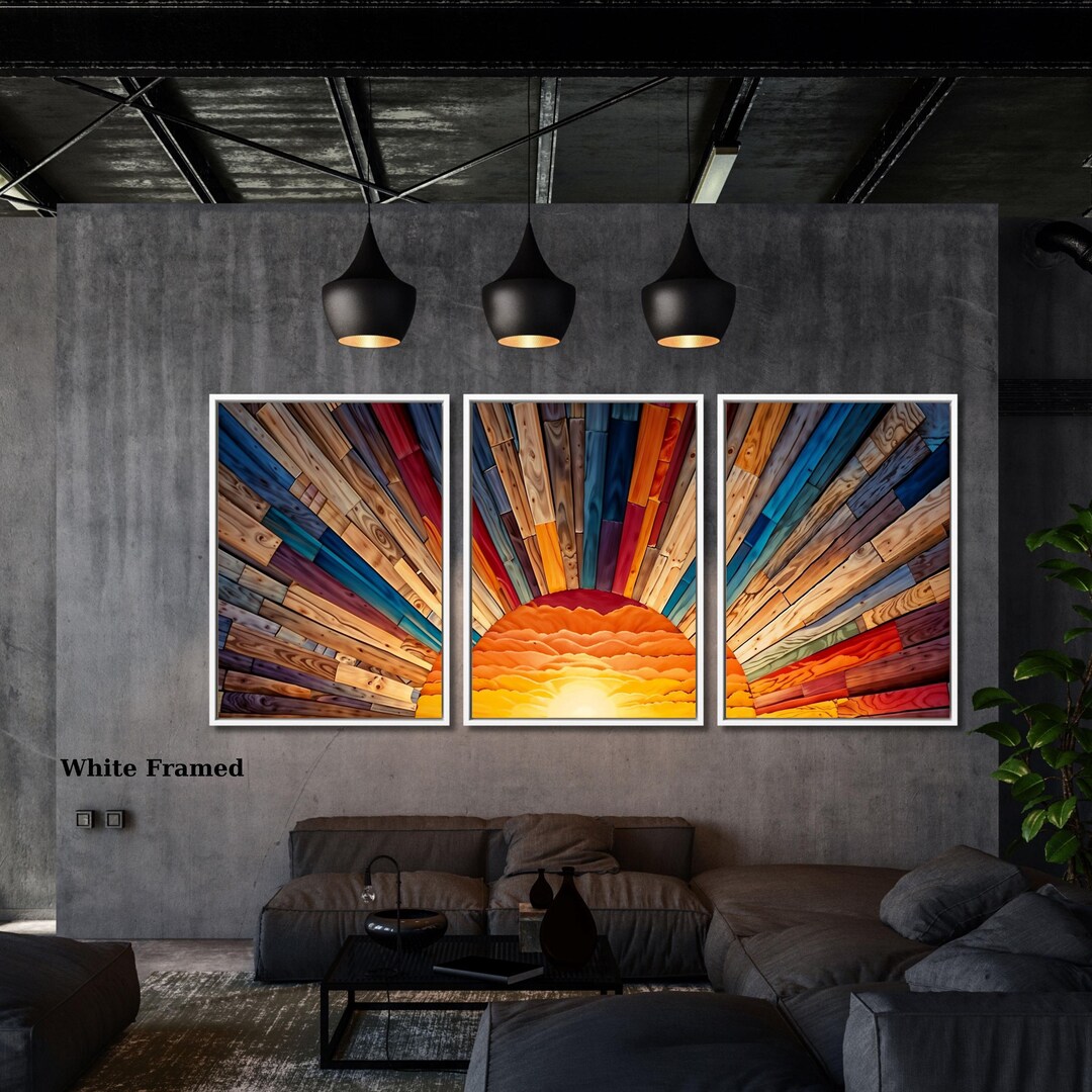 Set of 3 Sunrise Wood Wall Art Above Bed Decor Canvas Wooden Long