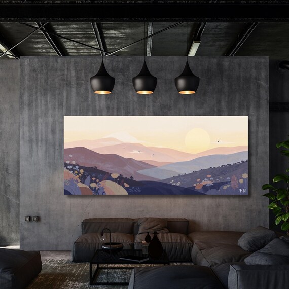 Boho Sunrise Mountain Print Minimalist Rolling Hills Wall Art for Above Bed Decor, Hallway Accent or Luxury Modern Home Interior Style art