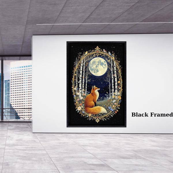 William Morris Moon & Stars Vintage Canvas Print, Enchanting Exhibition Poster, Magical Fox Art, Antique Textile-Inspired Wall Decor Gift
