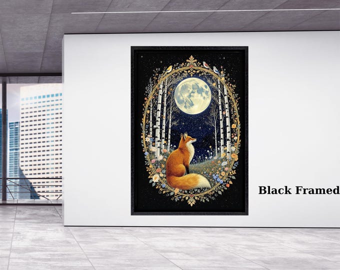 William Morris Moon & Stars Vintage Canvas Print, Enchanting Exhibition Poster, Magical Fox Art, Antique Textile-Inspired Wall Decor Gift
