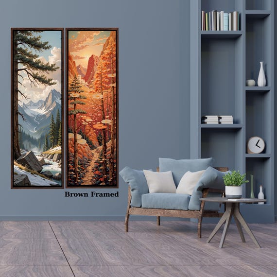 Set of 2 Tall Narrow Vintage Nature Canvas Wall Art  Long Vertical Forest Dining Room, Living Room, Office Print Long and Narrow Wall Art