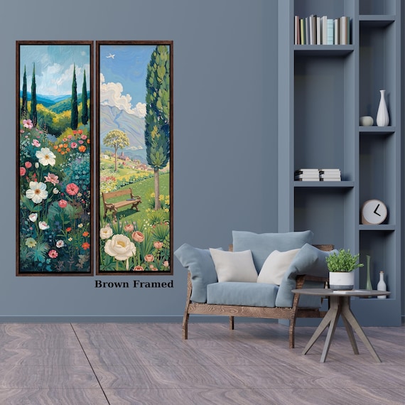 Set of 2 Long Narrow Klimt Inspired Botanical Landscape, Horizontal Large Framed Canvas Art, Oversize Nature Print with Elegant Wood Frames,