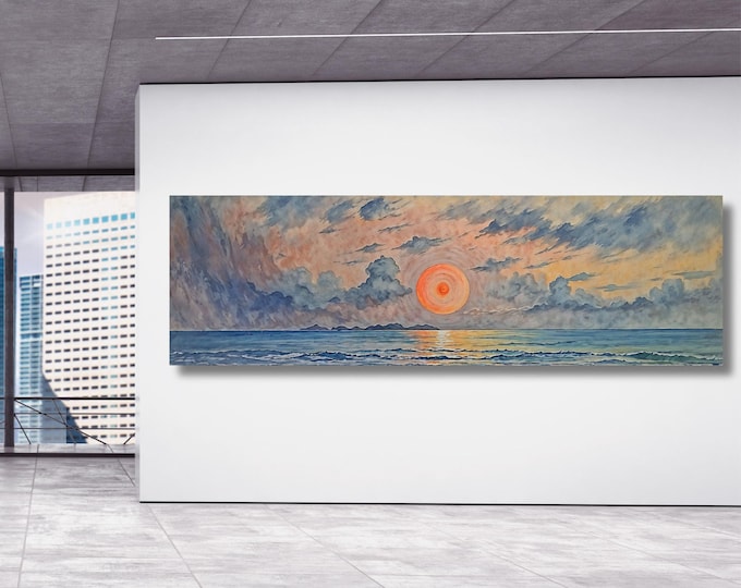 Panoramic Sunset Ocean Canvas Wall Art, Boho Minimal Horizontal Vintage Print