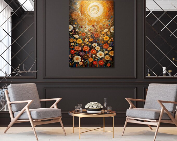 Wildflower Garden Canvas Art, Sunrise Klimt Inspired Floral Print, Bedroom Wall Decor