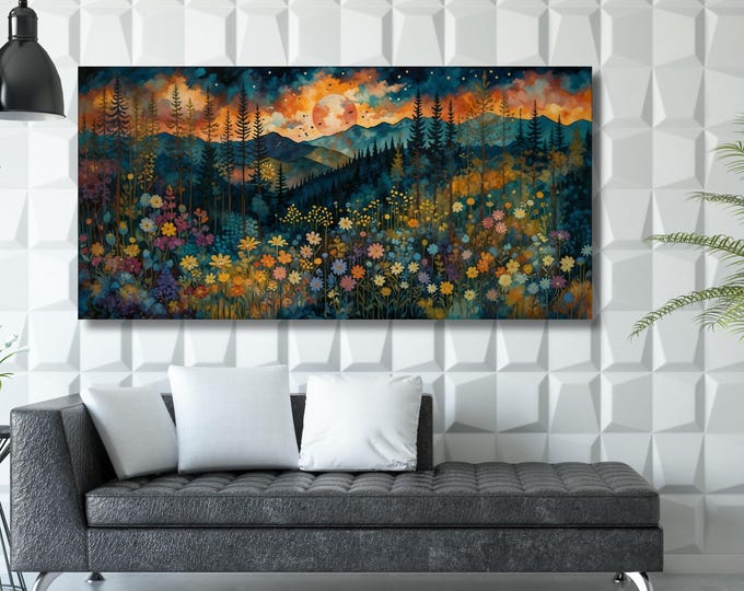 Full Moon Wildflower Canvas Art – Moonlit Forest and Pine Tree Print – Rustic Flower Garden Wall Decor – Klimt-Inspired Woodland Gift