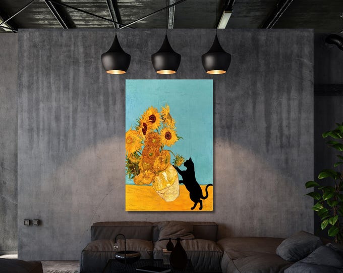 Funny Cat Canvas Print – Van Gogh Sunflowers Still Life Art