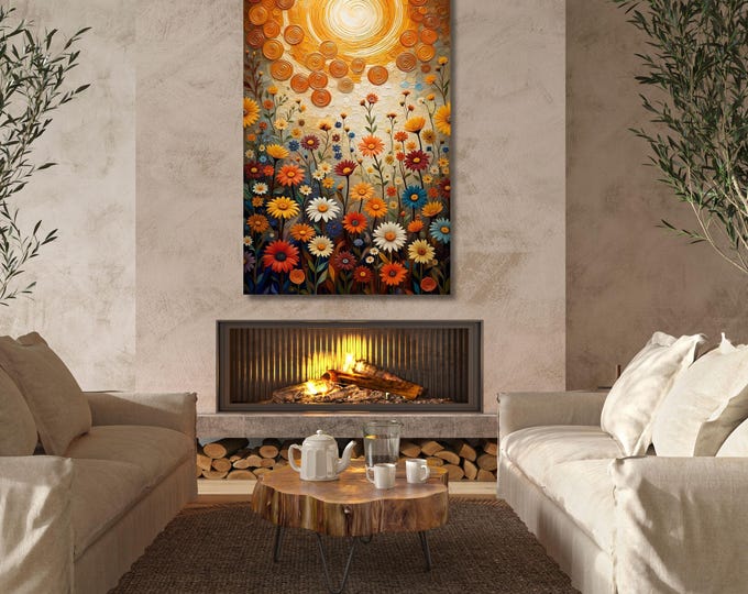 Vibrant Floral Canvas Wall Art, Klimt Inspired Sunrise Sunset Painting, Bedroom Decor (Digital Download)