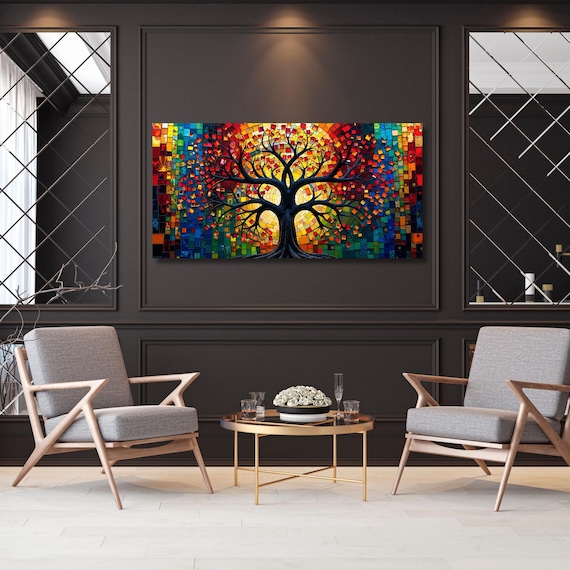 Mosaic Stained Glass Effect Tree of Life Canvas Wall Art Yggdrasil Painting,Mosaic Canvas Poster,Gustav Klimt Style Poster,Klimt Exhibition