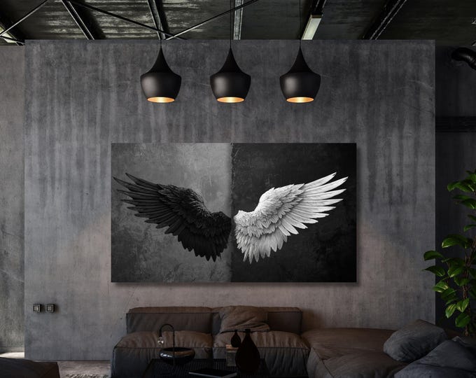 Black and White Angel Wings Canvas Wall Art, Modern Minimalist Wings Poster Print, Large Monochrome Wall Decor for Bedroom or Living Room