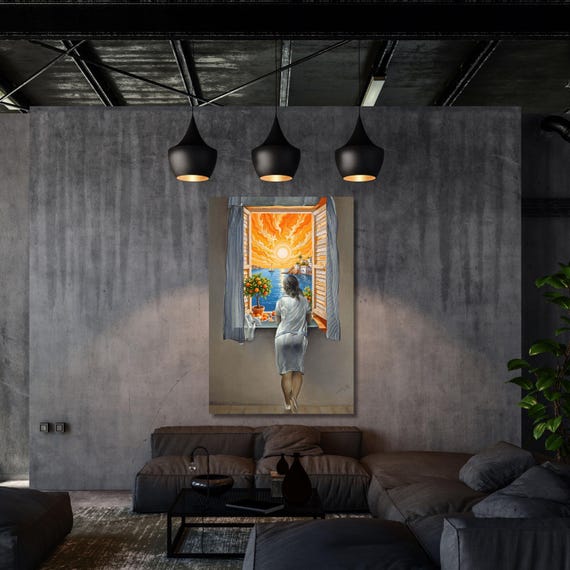 Girl at the Window Canvas Wall Art in Dalí and Matisse Style Surreal Colorful Abstract Print for Modern Artistic Interior or Gallery Wall