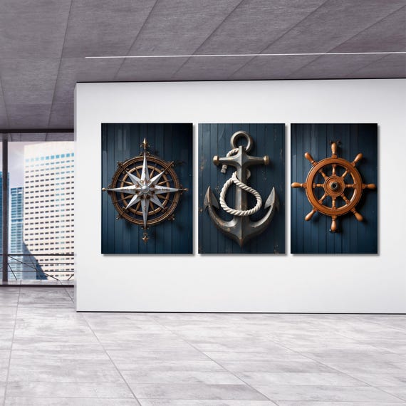 Nautical Canvas Wall Art Set of 3: Anchor, Compass, Helm Prints