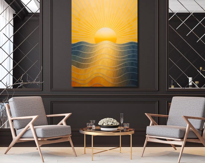Boho Sunset Canvas Art: Retro Sun & Sea Print