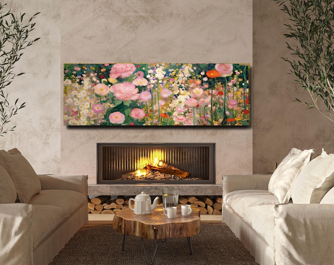 Gustav Klimt Inspired Flower Garden Canvas Wall Art, Panoramic Wildflower Meadow Painting, Floral Impressionist Decor, Large Horizontal Art
