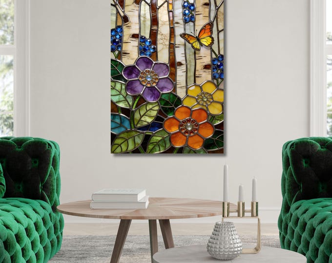 Floral Birch Forest Canvas Art, Faux Stained Glass Nature Print, Colorful Garden Mural